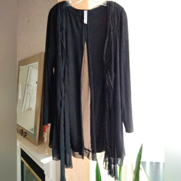 Black MOLLO RELLO Faux Suede Stretch Mix Media Longline Cardigan S/M - Picture 13 of 14